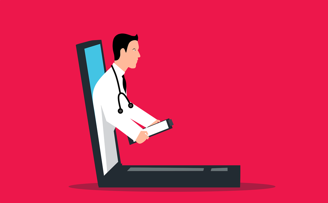 Illustration eines Laptops aus dem ein Arzt herauskommt vor rotem Hintergrund.