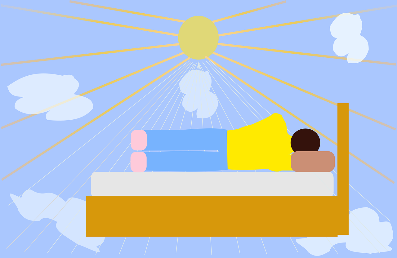 Die Illustration zeigt den Rücken einer schlafenden Person im Bett. Im Hintergrund ist ein blauer Himmel mit kleinen Wolken und einer großen, strahlenden Sonne zu sehen.